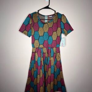 NWT LuLaRoe Amelia Dress with Pink and Teal Design
